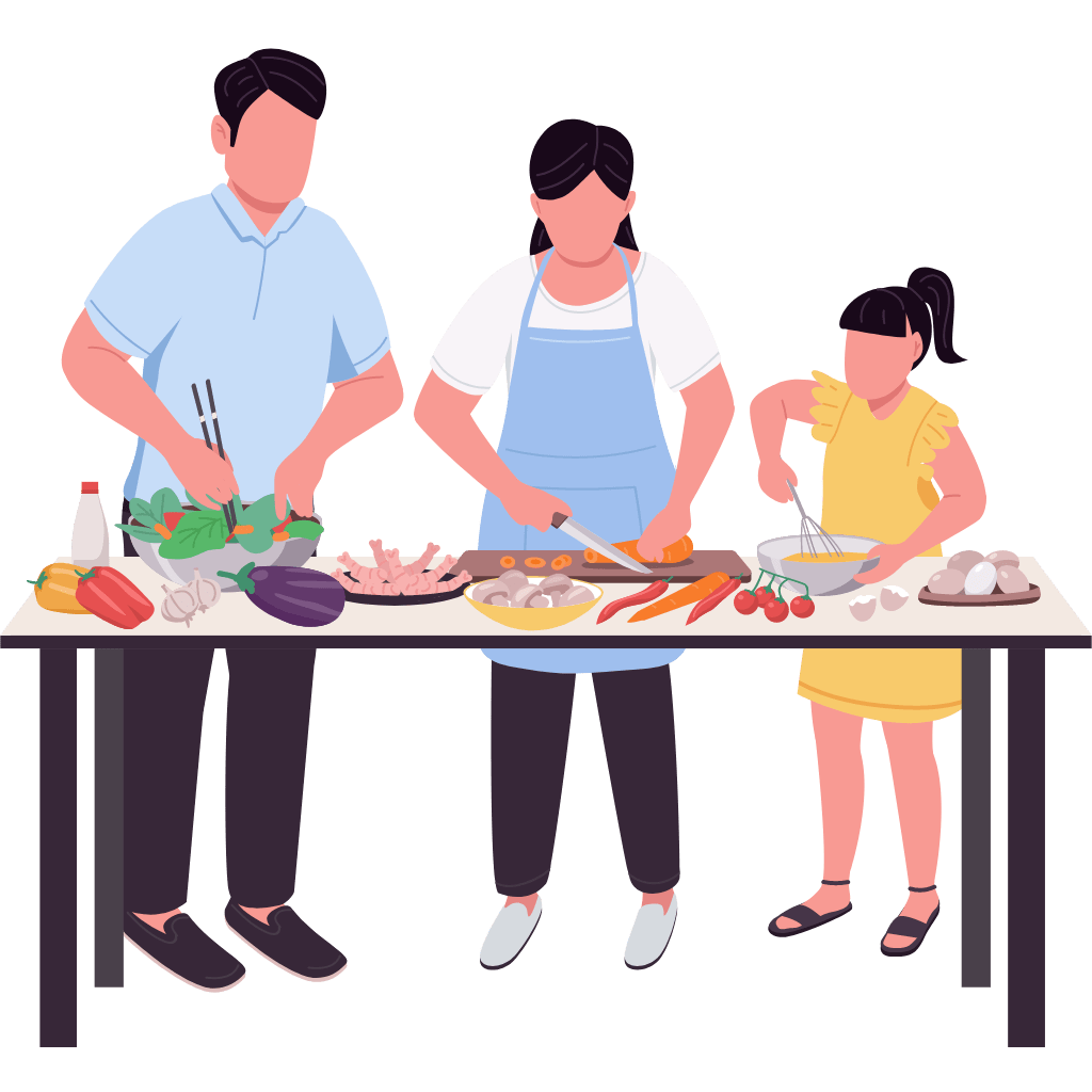 Illustration of man, woman and child preparing food