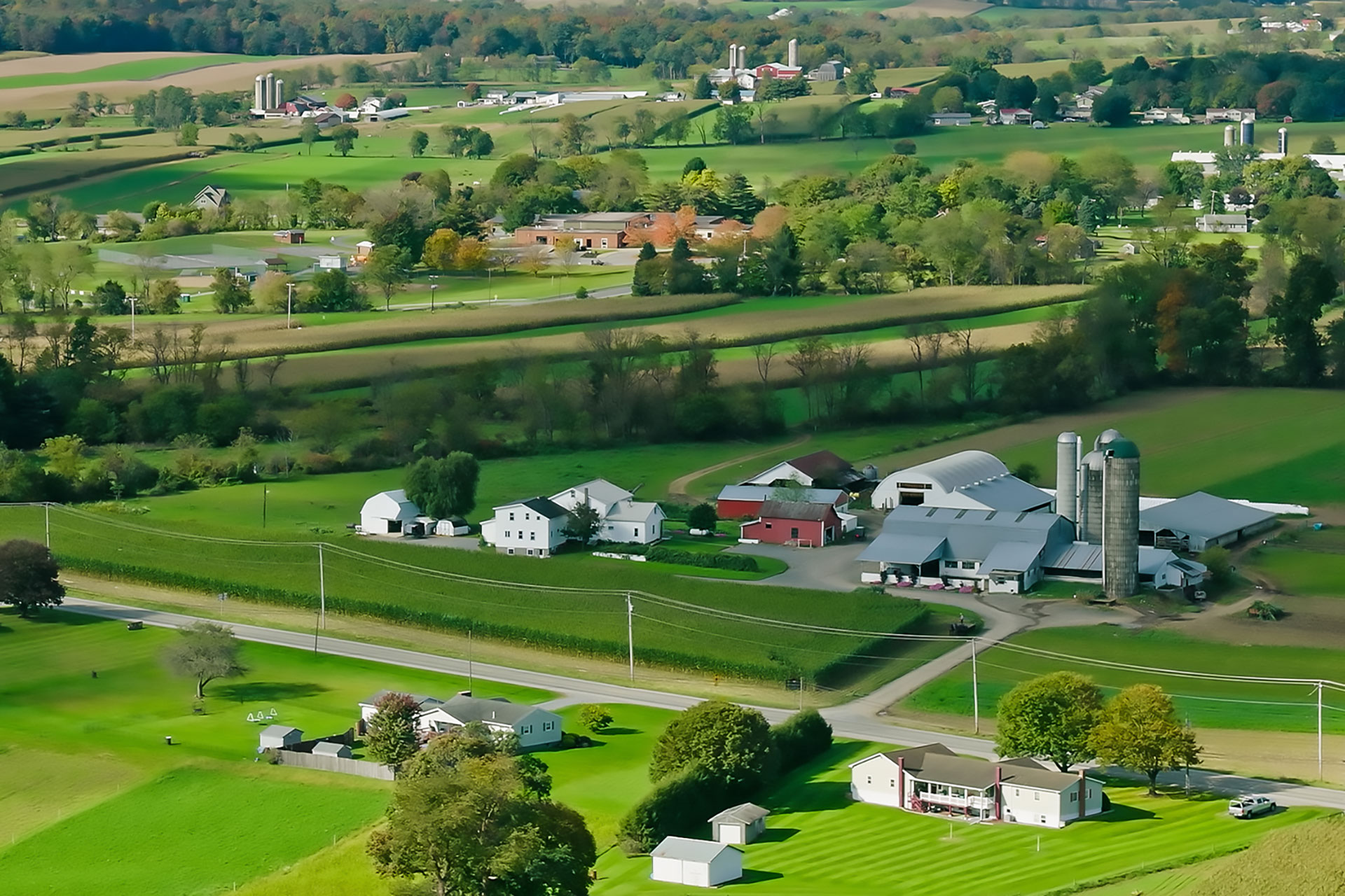 Aerial shot of a farm in Lancaster county, Pennsylvania