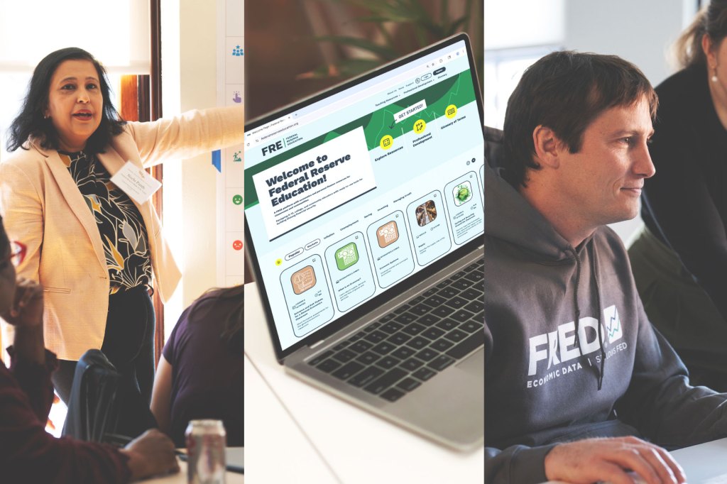 A photo collage of a person speaking to a crowd, the Federal Reserve's Economic Education site, and two people talking while looking at a computer.